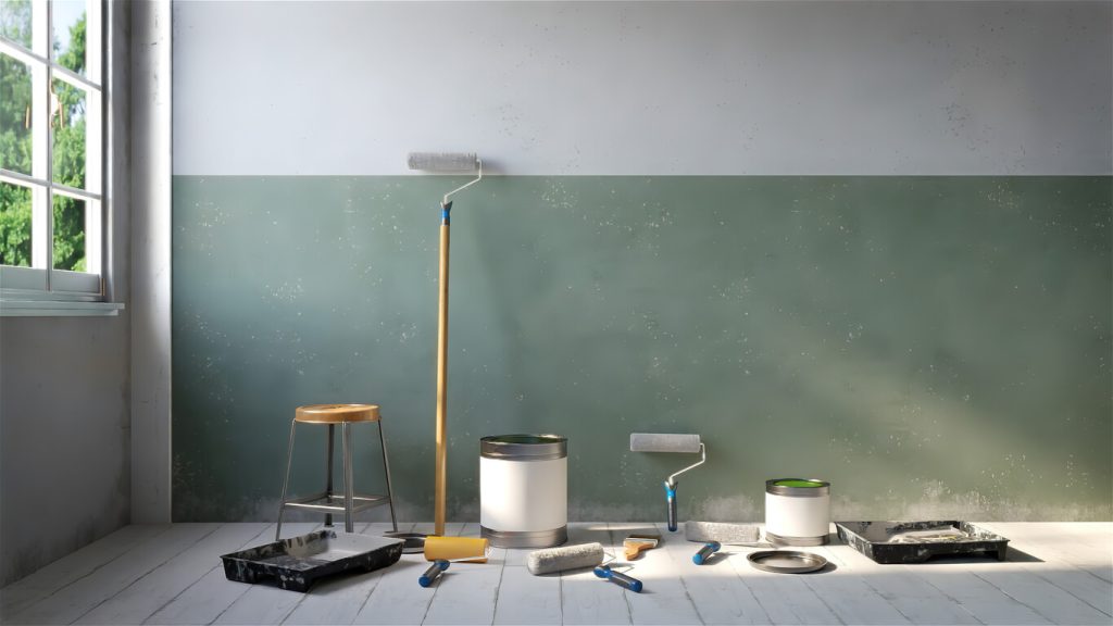 Paint rollers, brushes, and supplies in a freshly painted room – how to clean paint brushes including acrylic and oil paint brushes.