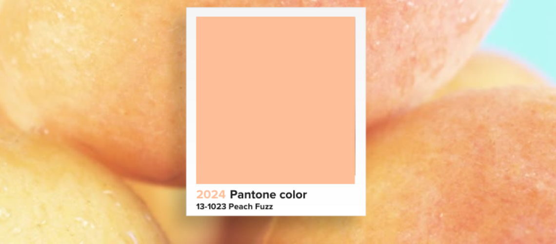 Pantone peach fuzz color swatch on peach backdrop